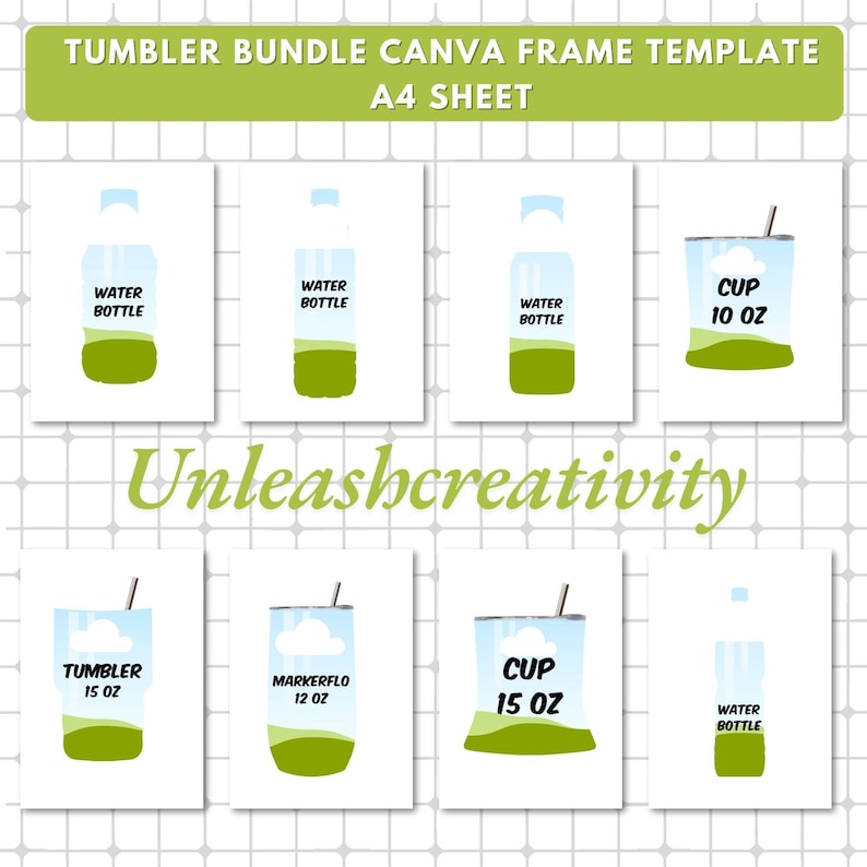 May include: A set of eight printable Canva frame templates for tumblers and cups. The templates feature a green grassy hill and a blue sky with a white cloud. The text on the templates includes "Water Bottle", "Cup 10 oz", "Tumbler 15 oz", "Markerflo 12 oz", and "Cup 15 oz".