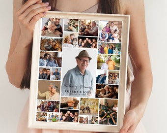 May include: A framed collage of photos in a white frame. The collage features a variety of photos of a man and his family. The text "In Loving Memory Robert B. Jones 20.5.1939 - 23.7.2023" is printed on the collage.