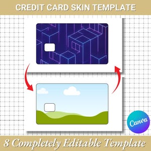 Peut inclure: Un mod&egrave;le de skin de carte de cr&eacute;dit avec deux options de design. La carte sup&eacute;rieure pr&eacute;sente un motif g&eacute;om&eacute;trique bleu et violet. La carte inf&eacute;rieure affiche un paysage avec un ciel bleu, des nuages et des collines vertes. Le texte en haut indique "CREDIT CARD SKIN TEMPLATE".