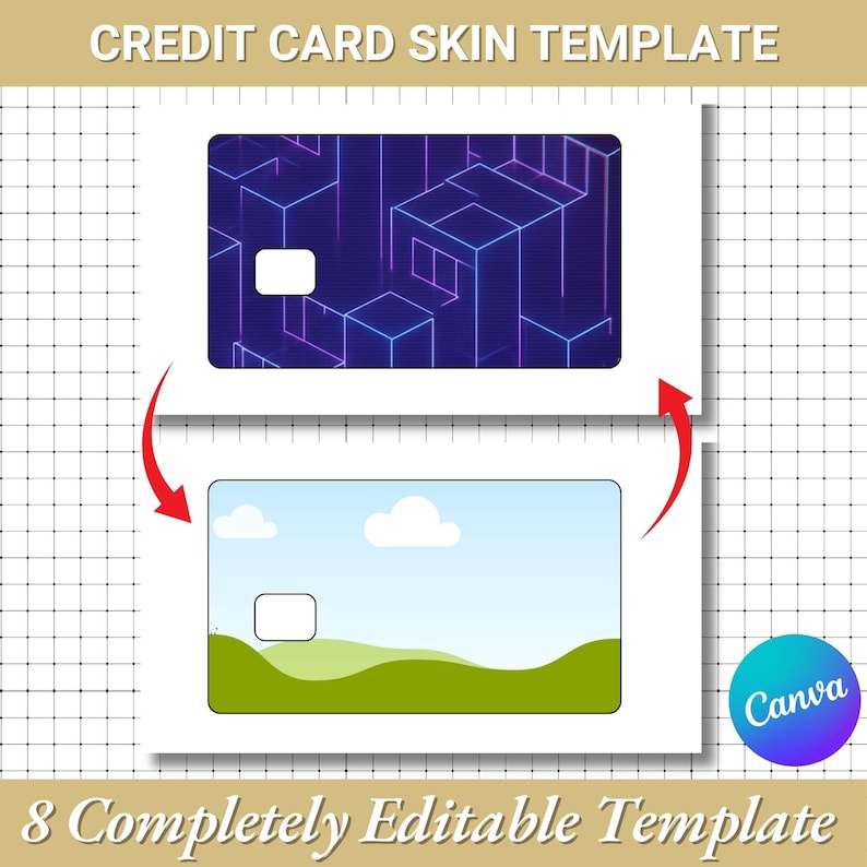 Peut inclure: Un mod&egrave;le de skin de carte de cr&eacute;dit avec deux options de design. La carte sup&eacute;rieure pr&eacute;sente un motif g&eacute;om&eacute;trique bleu et violet. La carte inf&eacute;rieure affiche un paysage avec un ciel bleu, des nuages et des collines vertes. Le texte en haut indique "CREDIT CARD SKIN TEMPLATE".