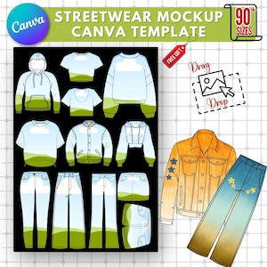 Może przedstawiać: Zestaw ponad 90 makiet odzieży streetwear do użycia w Canva. Makiety obejmują różnorodne elementy garderoby, takie jak bluzy z kapturem, koszulki, kurtki i spodnie. Makiety są utrzymane w kreskówkowym stylu i mają gradientowe tło z wzorem nieba i trawy. Tekst "Przeciągnij i upuść" jest zawarty w obrazie.
