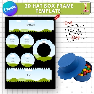 Puede incluir: Una plantilla de caja de sombrero 3D azul con un sombrero a juego lleno de caramelos de colores. La plantilla incluye varias formas recortadas para la caja, etiquetadas como "Bottom", "Lid" y "Top Cover". El logotipo de Canva es visible en la esquina superior izquierda.