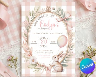 Pink Rabbit First Birthday Invitation Template |Editable Bunny Party Invitation |Floral Bow Theme Invite |Bunny First Birthday Invite
