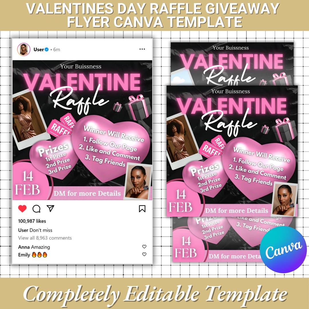 Valentine's Day Raffle Flyer Template: Editable Canva Design (digital ...