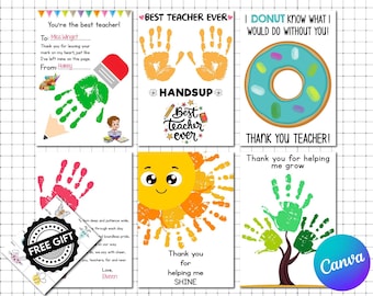 May include: Six printable teacher appreciation cards with handprint art and messages. Designs include a donut, a sun, and a tree. Each card features a unique message of gratitude, with the words "Thank You Teacher" and "Best Teacher Ever" displayed.