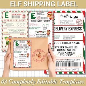 Peut inclure: Ensemble de modèles d'étiquettes d'expédition sur le thème de Noël. Les étiquettes présentent des motifs festifs avec des elfes, des rennes et du texte de vacances. Les étiquettes comprennent des champs pour les informations sur l'expéditeur et le destinataire.