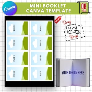 Könnte beinhalten: Eine digitale Vorlage für eine Mini-Broschüre mit einem Layout, das sechs beschriftete Seiten und eine visuelle Anleitung zur Bildplatzierung zeigt. Das Design enthält das Canva-Logo, den Text "MINI BOOKLET CANVA TEMPLATE" und eine kleine offene Broschüre mit dem Text "YOUR DESIGN HERE".