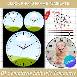 May include: Clock photo frame templates with editable designs. The image shows three clock faces with landscape backgrounds and a clock face with a baby's photo. Text includes "Drag", "Drop", and "03 Completely Editable Templates".