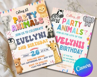 Calling All Party Animals Invitation Template |Editable Cute Animals Birthday Invitation |Kids Birthday Party Invitation |Personalized Card
