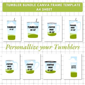 May include: A set of eight customizable tumbler and mug templates for Canva. The templates feature different sizes and styles, including a travel mug, coffee mug, and water bottle. The templates are designed with a green and blue color scheme and feature a cloud and grass design.