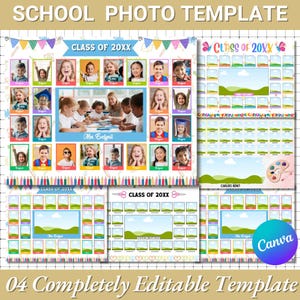 Op de afbeelding: Een sjabloon voor schoolfoto's met de tekst "SCHOOL PHOTO TEMPLATE" en "CLASS OF 20XX". De sjabloon bevat ruimtes voor leerlingenfoto's, een centrale foto en decoratieve elementen zoals potloden en banners. De sjabloon is volledig bewerkbaar.