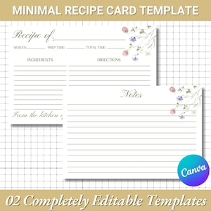 Editable Minimal Recipe Card Canva Template |Simple Recipe Card Template |Minimalist Recipe Card |Printable Recipe Cookbook |DIY Recipe Card