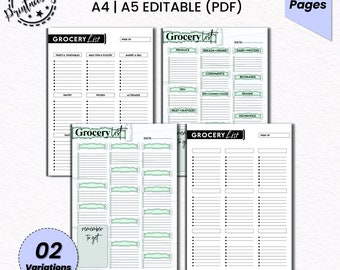 Grocery List Editable Template | Food Shopping List | Grocery Planner | A4/A5 Size | Meal Planner Checklist | Weekly Menu Planner Template