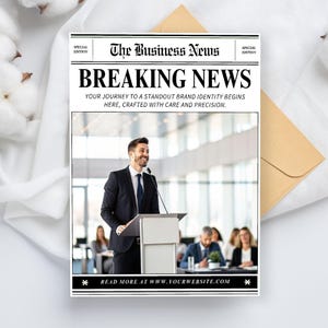 Pu&ograve; includere: Una scheda in stile giornale con il titolo "BREAKING NEWS" e il testo "The Business News". La scheda presenta una foto di un uomo che parla a un podio. &Egrave; incluso anche il testo "YOUR JOURNEY TO A STANDOUT BRAND IDENTITY BEGINS HERE, CRAFTED WITH CARE AND PRECISION."