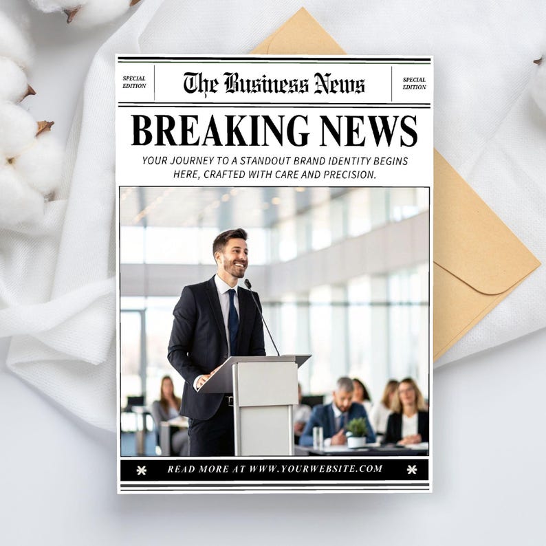 Pu&ograve; includere: Una scheda in stile giornale con il titolo "BREAKING NEWS" e il testo "The Business News". La scheda presenta una foto di un uomo che parla a un podio. &Egrave; incluso anche il testo "YOUR JOURNEY TO A STANDOUT BRAND IDENTITY BEGINS HERE, CRAFTED WITH CARE AND PRECISION."