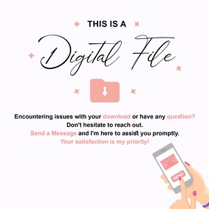 May include: A pink folder icon with a downward arrow, a white background with pink stars, and the text "THIS IS A Digital File". The text "Encountering issues with your download or have any question? Don't hesitate to reach out. Send a Message and I'm here to assist you promptly. Your satisfaction is my priority!" is also included. A hand is holding a smartphone with a pink envelope icon and the word "SEND" on the screen.