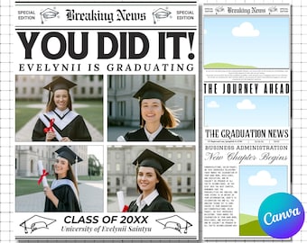 Graduation Newspaper Announcement Template: DIY Photo Keepsake (Canva Editable, Printable Digital Download)