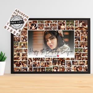 Collage photo 18e anniversaire | Modèles de cadre en toile personnalisables | Cadeau d'anniversaire personnalisé pour 16/18/25/30/35/40/50/60/70/75e anniversaire | Cadeaux