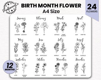 Ilustraciones de flores del mes de nacimiento: Colección floral en PDF (Descarga digital)