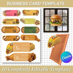 Peut inclure: Modèles de cartes de visite avec des aliments tels que des beignets, des frites, des hamburgers, des pizzas, des tacos et du poulet frit. Les cartes affichent le texte "EVELEN SMITH" et "Olive NATURAL". L'image comprend également le texte "BUSINESS CARD TEMPLATE" et "10 Completely Editable Templates".