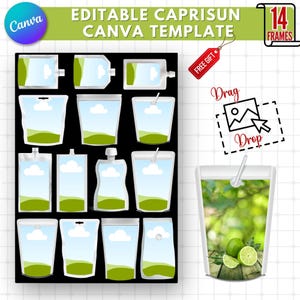 以下が含まれることがあります： Canva 用の編集可能な Capri Sun パウチテンプレート 14 個セット。パウチは透明で、緑のフィールド、青い空、白い雲など、さまざまなデザインが施されています。画像には「ドラッグアンドドロップ」というテキストが表示されています。