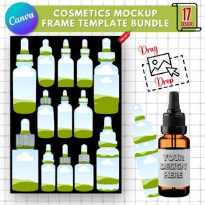 May include: A set of 17 mockup templates for cosmetic bottles. The bottles are clear glass with a dropper top and feature a green and blue landscape design. The text "Drag Drop" and "Your Design Here" are also included in the image.