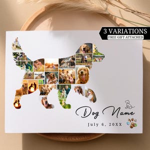 Puede incluir: Una tarjeta blanca con una silueta de un perro golden retriever hecha de fotos más pequeñas de perros. El texto "Dog Name" y "July 6, 20XX" está impreso debajo de la silueta del perro.