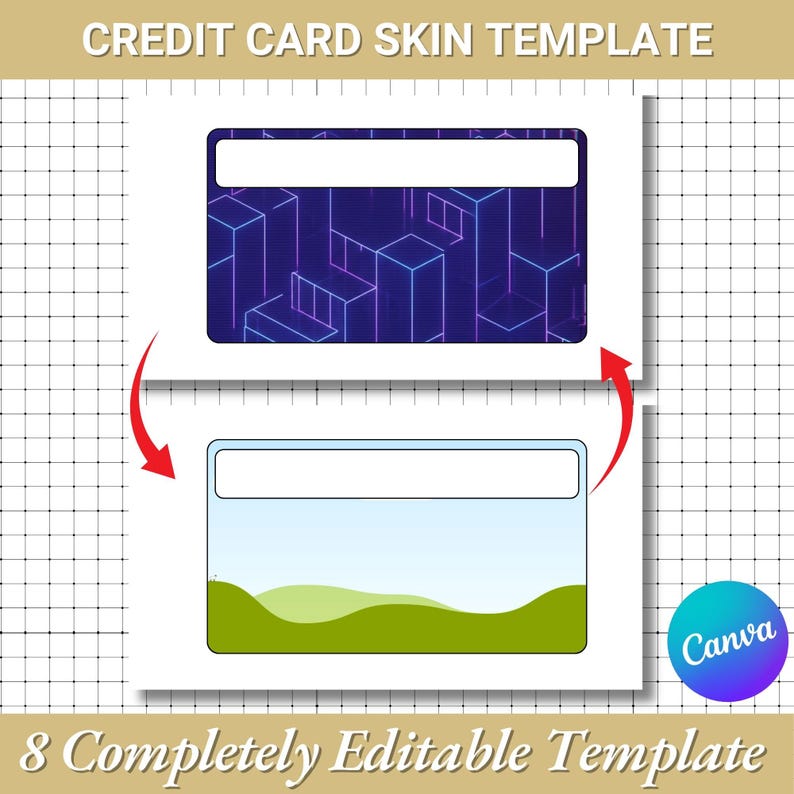 Peut inclure: Mod&egrave;le de skin de carte de cr&eacute;dit avec deux designs. L'un pr&eacute;sente un design de ville n&eacute;on g&eacute;om&eacute;trique en bleu et violet. L'autre a un paysage avec un ciel bleu et des collines vertes. Le texte en haut indique "CREDIT CARD SKIN TEMPLATE".