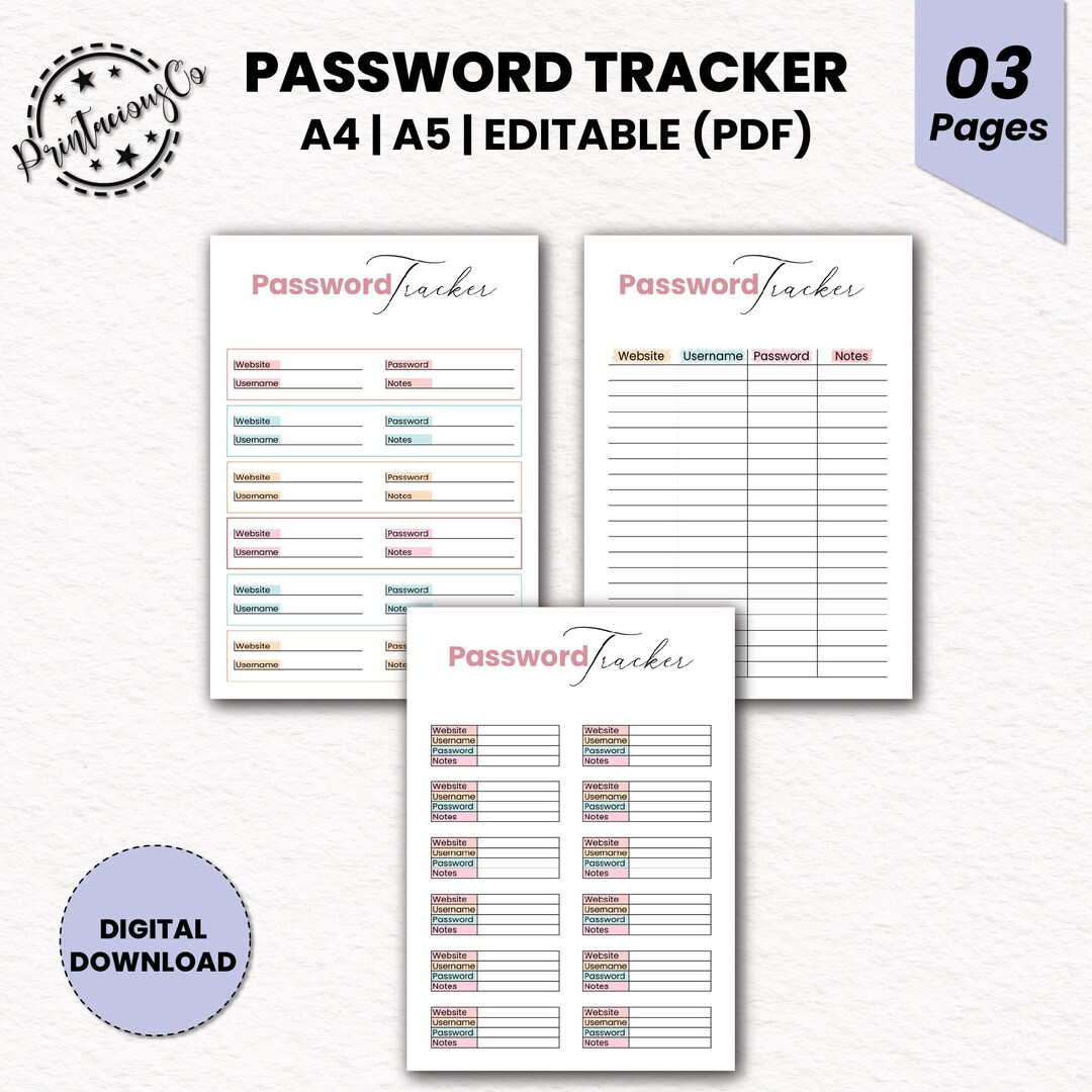 Password Tracker Printable: A4 A5 Password Keeper (PDF) - Etsy