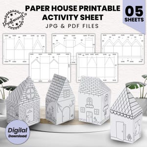 Papier Haus druckbare Bündel | Papier Bastelbogen | Kunsthandwerk für Kinder | Übungsblätter zum Malen und Modellbau