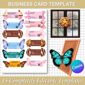May include: A selection of business card templates with diverse designs, such as cupcakes, bows, butterflies, and cookies. The cards display the name "Evelen Smith" and contact details. The image also features a butterfly in a wooden frame and the Canva logo.