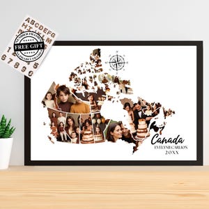 May include: A framed photo collage in the shape of Canada, filled with family photos. The black frame surrounds the white background and the collage. The text "Canada" and a name are visible. A free gift sticker is in the upper left corner.