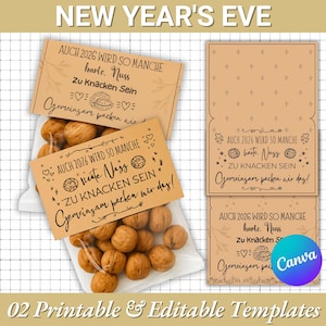 Plantilla de tarjeta con idea de regalo de Nochevieja / Empaque de frutos secos de Nochevieja imprimible y editable / Pequeño obsequio para Nochevieja / Etiqueta de recuerdo de fiesta