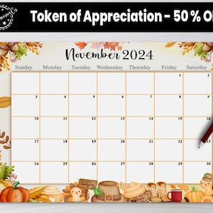 May include: A printable November 2024 calendar with a fall theme. The calendar features a watercolor background with autumn leaves, pumpkins, and other fall decorations. The calendar is perfect for planning your fall activities.