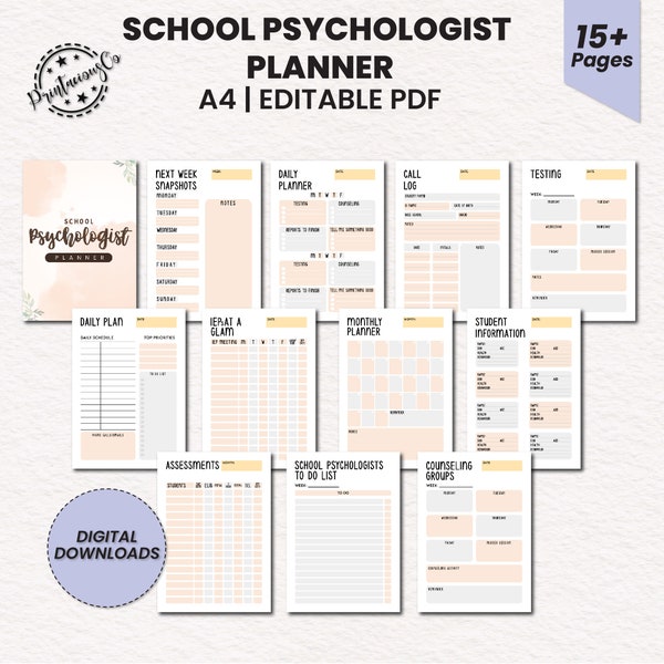 Editable School Psychologist Planner | School Counselor | Therapist Planner | Therapy Worksheets | Mental Health Planner | Digital Download