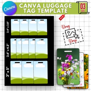 May include: Three luggage tag templates with a green and blue landscape design. The tags are available in three sizes: 2.4 inches by 3.8 inches, 2.6 inches by 4.2 inches, and 3 inches by 5 inches. The text "Drag and Drop" is visible in the image.