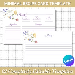 Editable Simple Floral Recipe Card Canva Template | Simple Recipe Card Template | Minimalist Recipe Card | Printable Recipe Cookbook | DIY