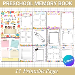 May include: A preschool memory book with 15 printable pages. The pages include sections for notes, drawings, and autographs. The cover features the text "MY PRE-K memory book" with illustrations of school supplies and children.