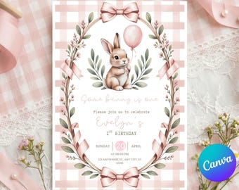 Pink Rabbit First Birthday Invitation Template |Editable Bunny Party Invitation |Floral Bow Theme Invite |Bunny First Birthday Invite