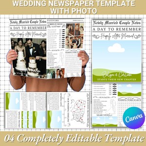 May include: A wedding newspaper template with photos. The template includes sections for news, fun facts, a wedding word search, and a timeline. The design features a photo of a couple cutting a cake and a Canva logo. The text reads "A Day to Remember."