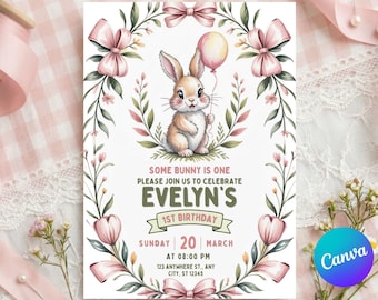 Pink Bow Rabbit First Birthday Invitation Template |Editable Bunny Party Invitation |Floral Bow Theme Invite |Bunny First Birthday Invite