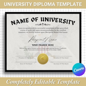 Editable University Diploma Canva Template |Custom College Diploma |Graduation Certificate Template |Degree Template |Completion Template