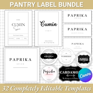 May include: A set of 32 printable pantry label templates in black and white. The labels feature a variety of designs, including simple text labels, labels with decorative borders, and labels with illustrations. The labels are designed to be used with a variety of spices, herbs, and other pantry items. The text on the labels includes "Paprika Spice", "Cumin Spice", "Basil", "Turmeric", and "Cardamom Spice".
