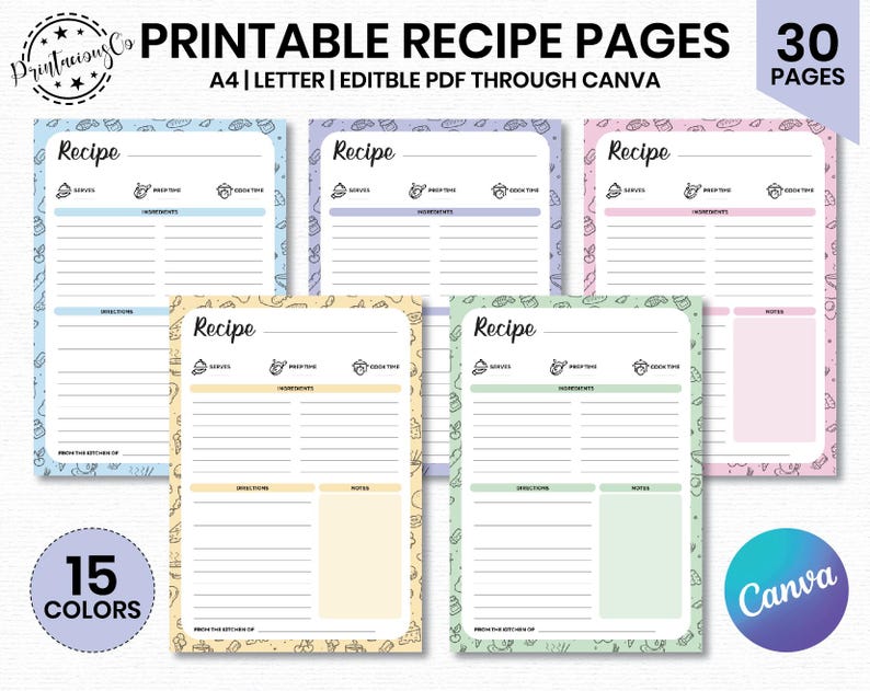 Puede incluir: P&aacute;ginas de recetas imprimibles en 15 colores diferentes. Cada p&aacute;gina tiene un lindo patr&oacute;n de garabatos e incluye secciones para porciones, tiempo de preparaci&oacute;n, tiempo de cocci&oacute;n, ingredientes, instrucciones y notas. Las p&aacute;ginas son editables a trav&eacute;s de Canva.