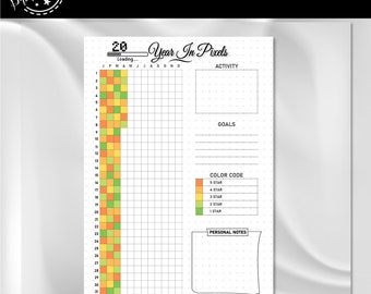 Year in Pixels | A4 Journal Page | Printable Tracker | Daily Tracker | Daily Mood Tracker | Rate My Day | Monthly Tracker | Daily Rating Log
