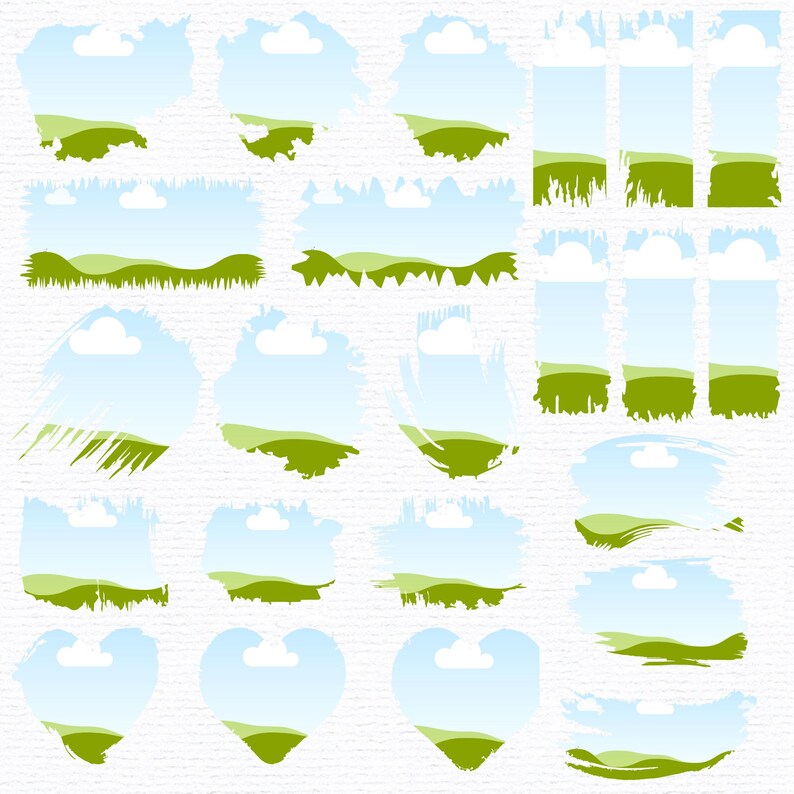 May include: A set of 20 digital clipart images featuring blue and green watercolor-style brushstrokes with clouds and grass. The images are perfect for adding a touch of nature to your designs.