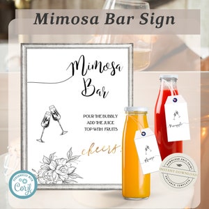 Mimosa Bar Sign | Mimosa Bar printable sign template | Mimosa Juice Tags | refreshment table decor sign | Template | Printable