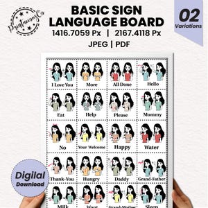Tablero de lenguaje de señas / Recurso educativo / Educación para sordos / Tablero de lenguaje de señas básico / Tablero de lenguaje de señas detallado / Descarga digital