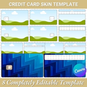 Peut inclure: Un mod&egrave;le de skin de carte de cr&eacute;dit avec un paysage, des collines vertes, un ciel bleu et des nuages blancs. Le mod&egrave;le comprend plusieurs designs de cartes avec un motif g&eacute;om&eacute;trique bleu et le texte "CREDIT CARD SKIN TEMPLATE" et "8 Completely Editable Template".
