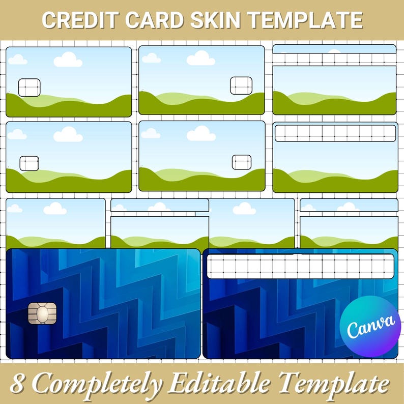 Peut inclure: Un mod&egrave;le de skin de carte de cr&eacute;dit avec un paysage, des collines vertes, un ciel bleu et des nuages blancs. Le mod&egrave;le comprend plusieurs designs de cartes avec un motif g&eacute;om&eacute;trique bleu et le texte "CREDIT CARD SKIN TEMPLATE" et "8 Completely Editable Template".